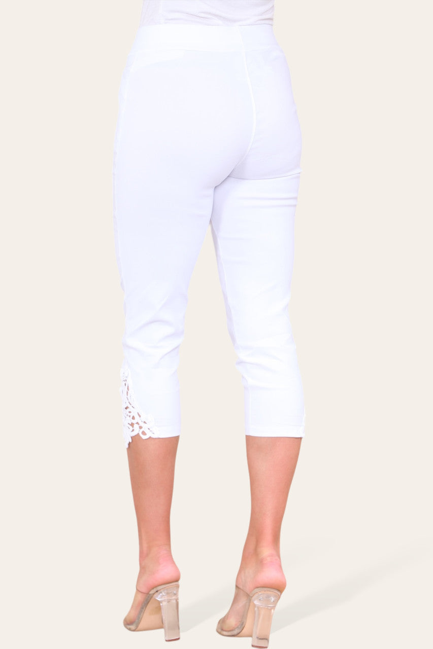 STRETCH LACE HEM CAPRI TROUSER LEGGINGS - WHITE