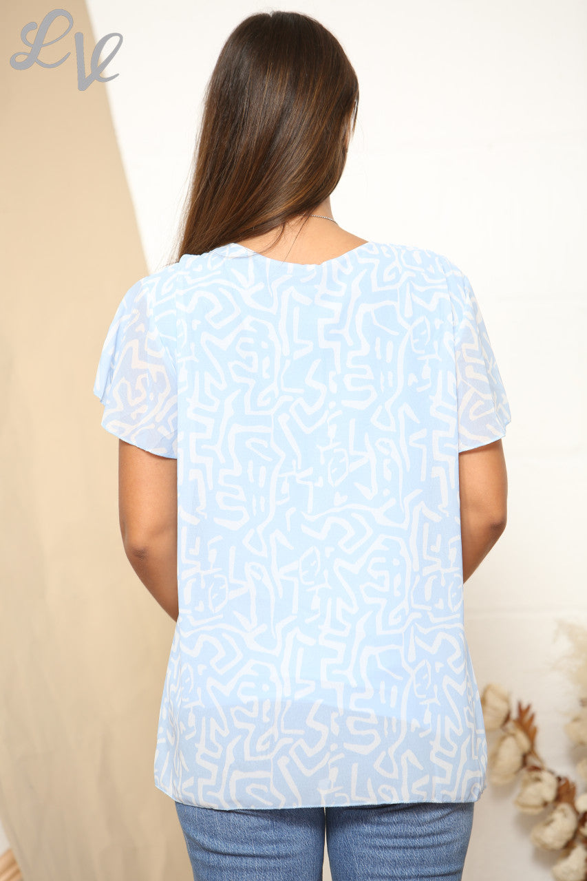 Ladies Short Sleeve Scribble Print Pleated Blouse Top Light Blue