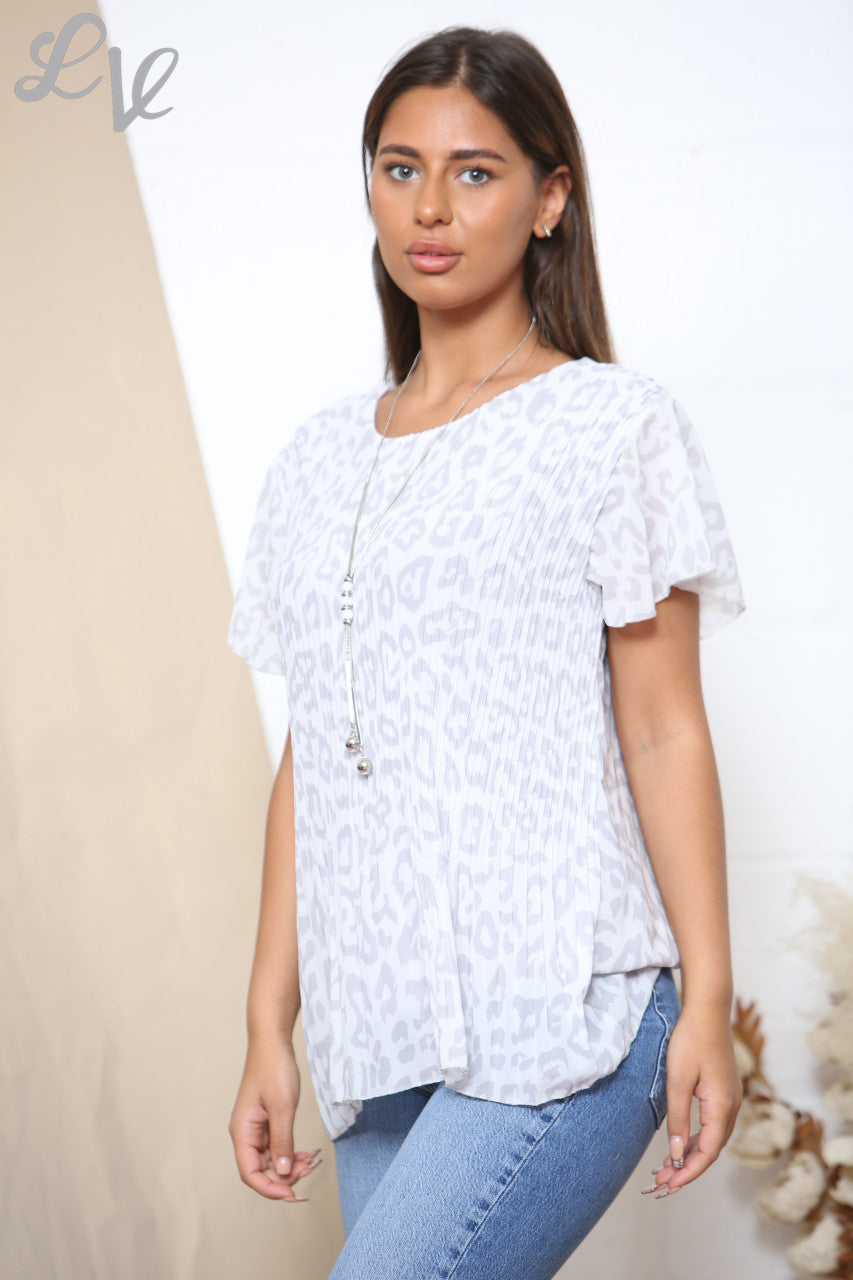 Ladies Short Sleeve Leopard Print Pleated Blouse Top Grey