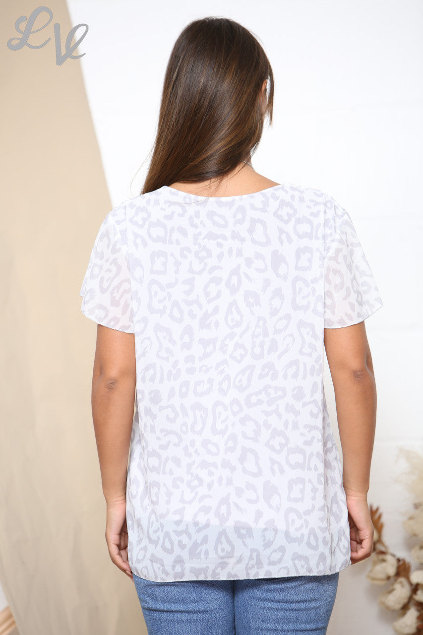 Ladies Short Sleeve Leopard Print Pleated Blouse Top Grey