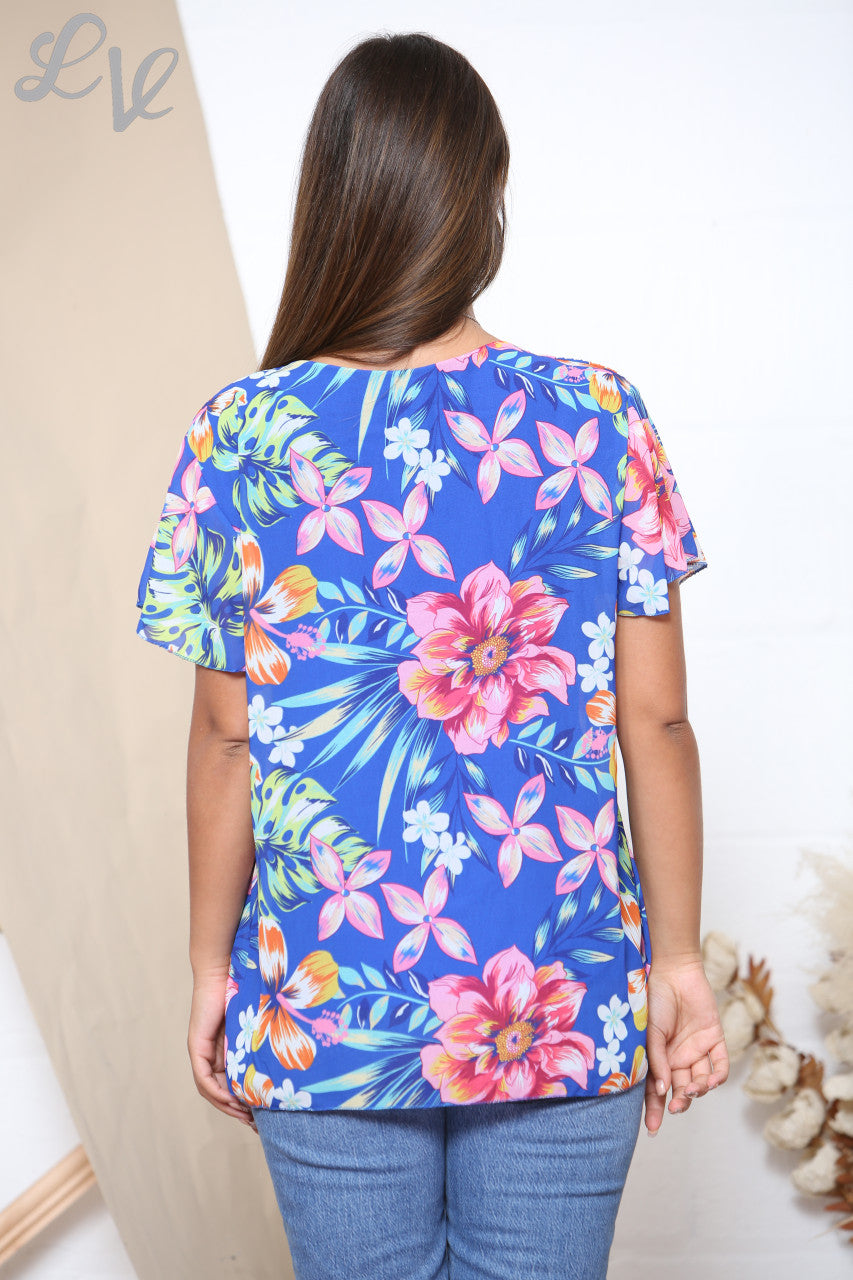 Ladies Short Sleeve Tropical Print Pleated Blouse Top Royal Blue