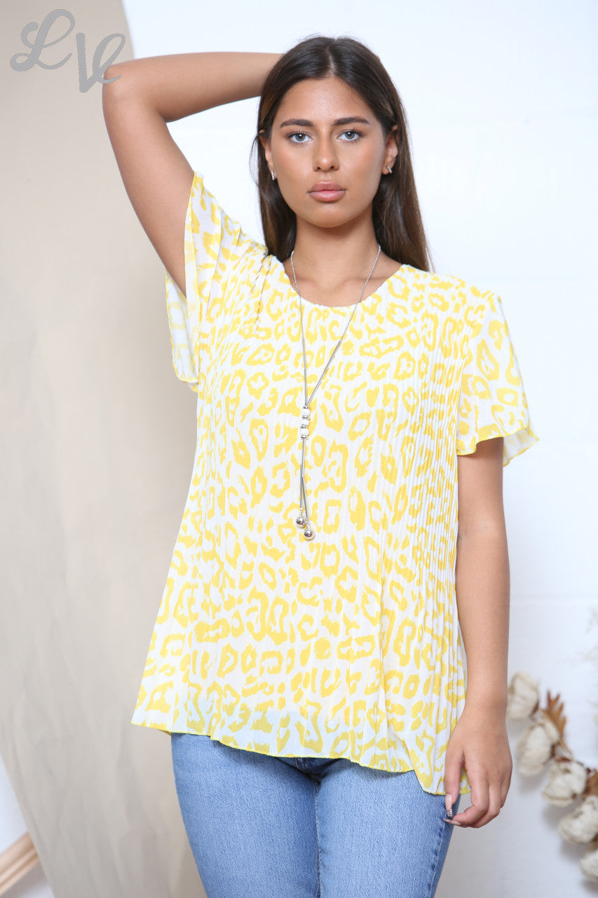 Ladies Short Sleeve Leopard Print Pleated Blouse Top Yellow