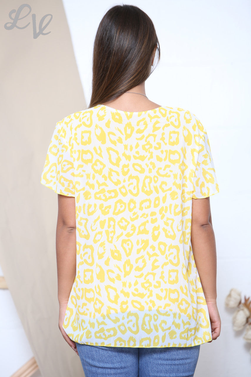 Ladies Short Sleeve Leopard Print Pleated Blouse Top Yellow