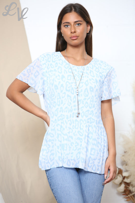 Ladies Short Sleeve Leopard Print Pleated Blouse Top Light Blue