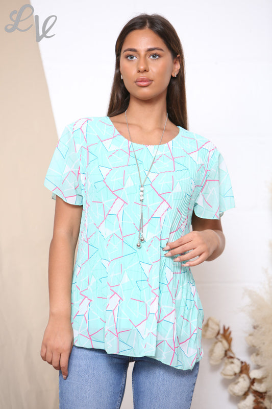 Ladies Short Sleeve Diamond Print Pleated Blouse Top Mint