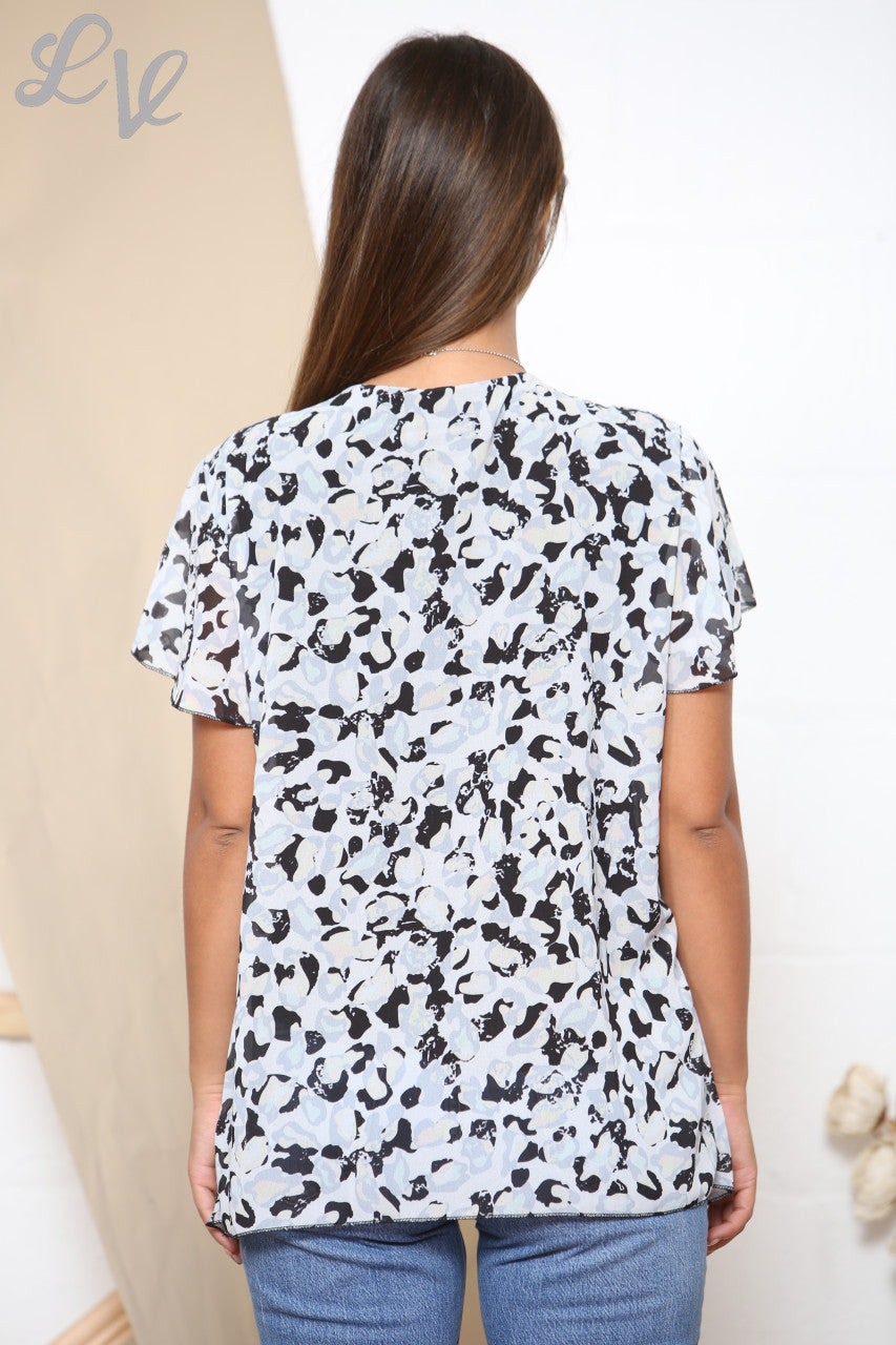 Ladies Short Sleeve Animal Print Pleated Blouse Top Black