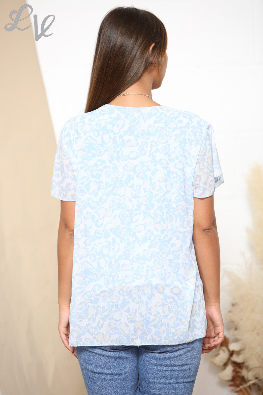 Dames Korte Mouw Dierenprint Geplooide Blouse Top Lichtblauw