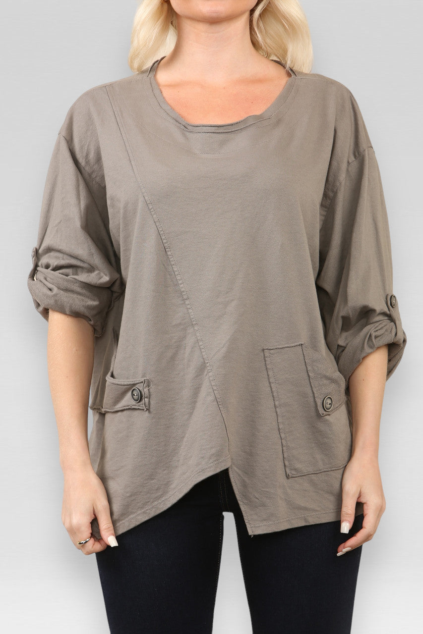 POCKET & SEAM DETAIL SWEATSHIRT TOP TAUPE