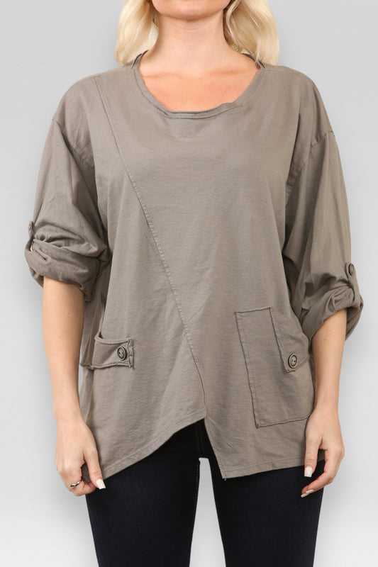 POCKET & SEAM DETAIL SWEATSHIRT TOP TAUPE