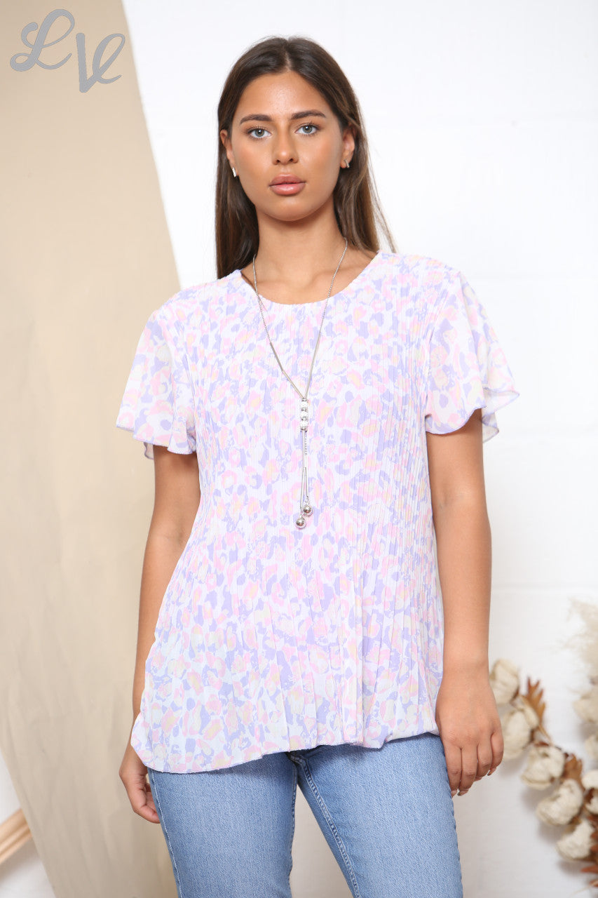 Ladies Short Sleeve Animal Print Pleated Blouse Top Lilac