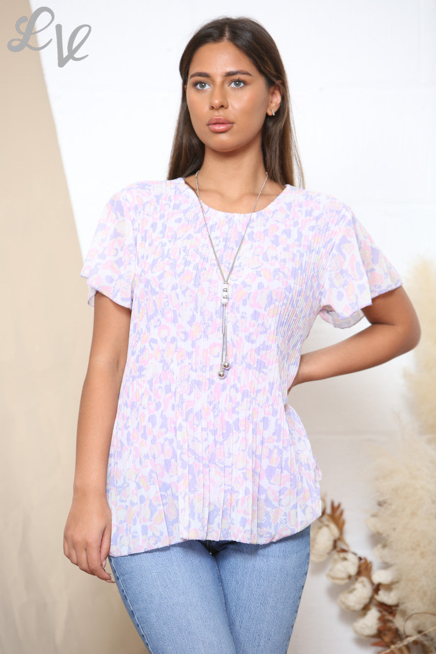 Ladies Short Sleeve Animal Print Pleated Blouse Top Lilac