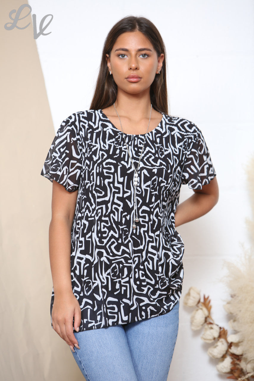 Dames blouse met korte mouwen, geplooid, met scribble print - zwart