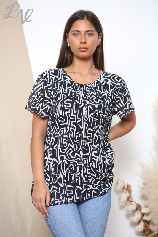Ladies Short Sleeve Scribble Print Pleated Blouse Top Black