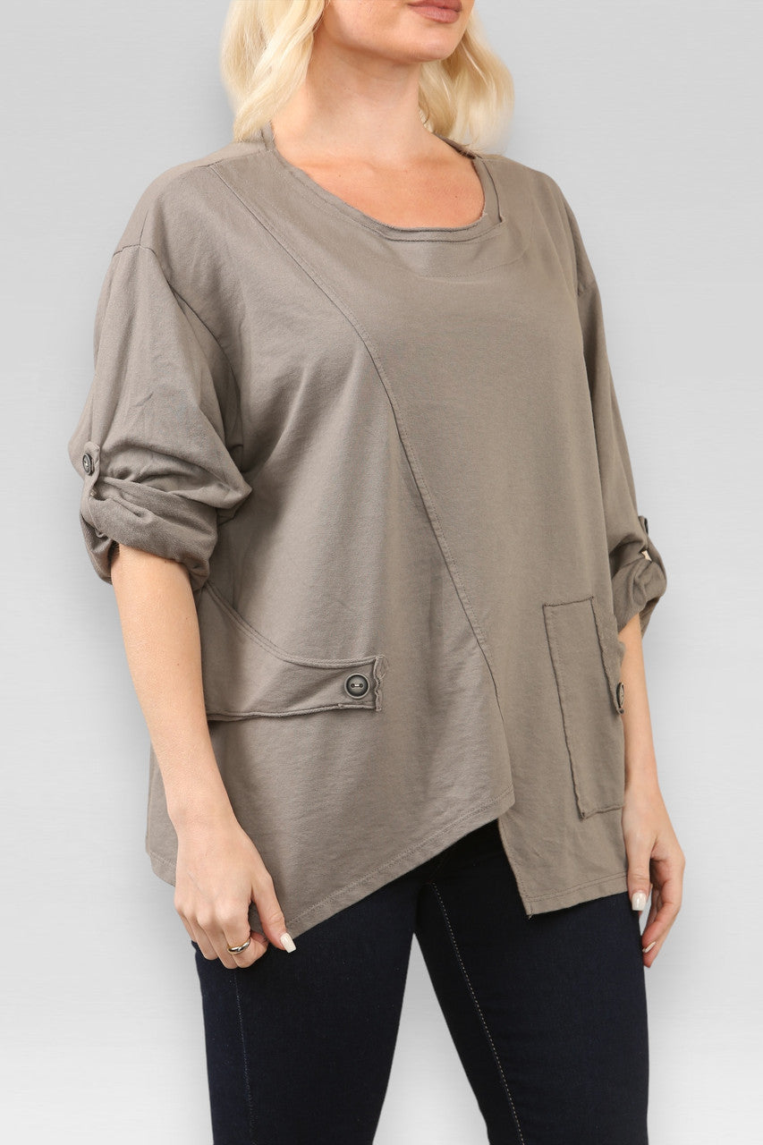POCKET & SEAM DETAIL SWEATSHIRT TOP TAUPE