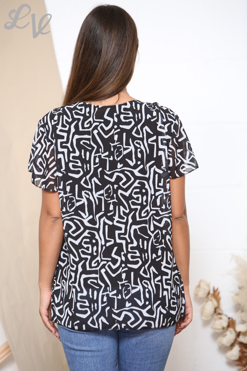 Dames blouse met korte mouwen, geplooid, met scribble print - zwart