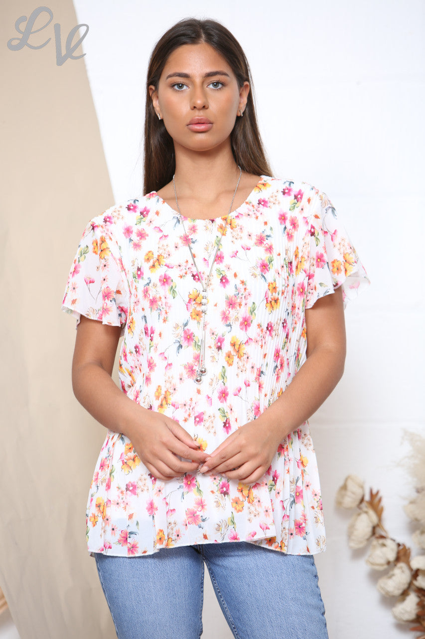Dames korte mouw gebloemde geplooide blouse top wit