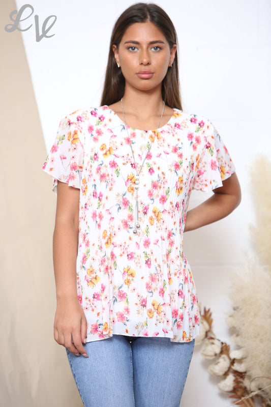 Ladies Short Sleeve Ditsy Floral Print Pleated Blouse Top White