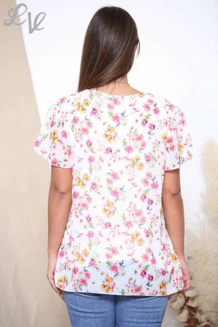 Dames korte mouw gebloemde geplooide blouse top wit
