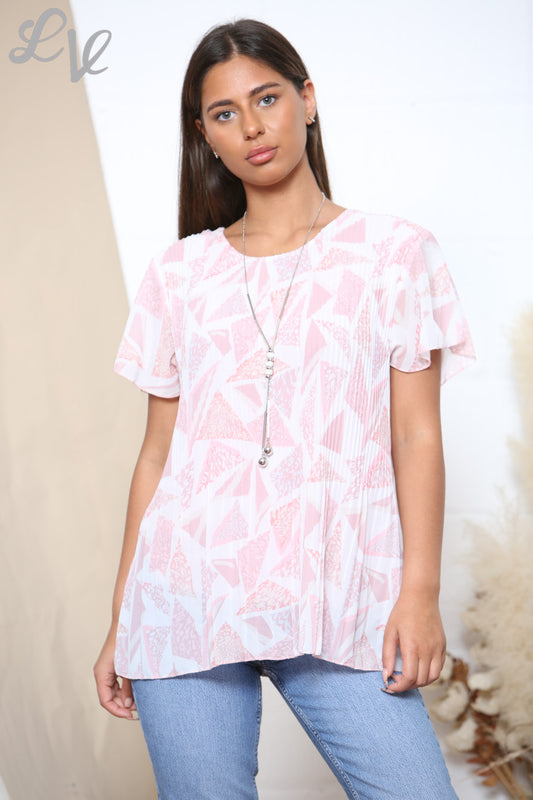 Ladies Short Sleeve Diamonds Print Pleated Blouse Top Dusty Pink