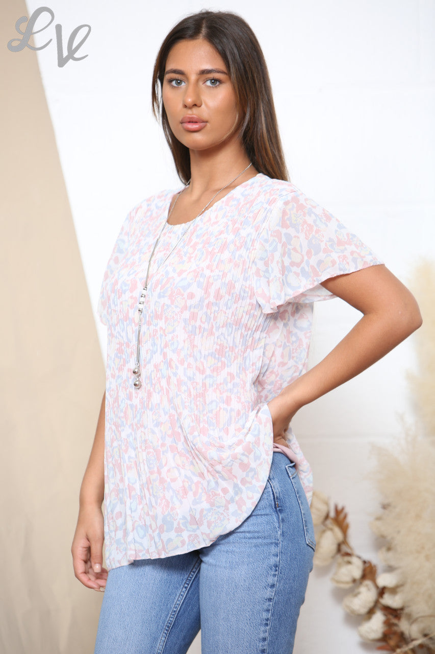 Dames Blouse met Korte Mouwen, Plissé en Dierenprint Stof, Oudroze