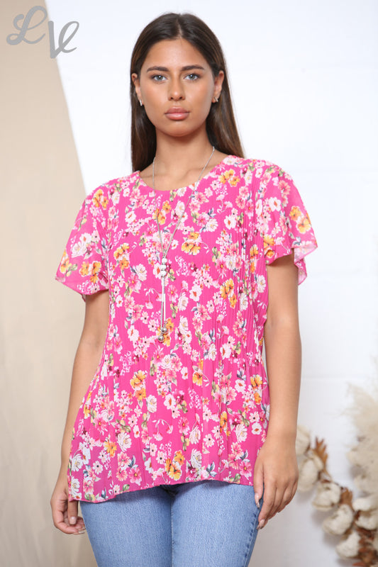 Ladies Short Sleeve Ditsy Floral Print Pleated Blouse Top Cerise