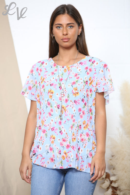 Ladies Short Sleeve Ditsy Floral Print Pleated Blouse Top Light Blue