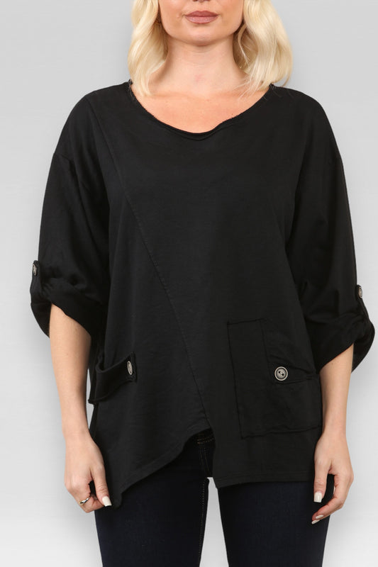 POCKET & SEAM DETAIL SWEATSHIRT TOP BLACK