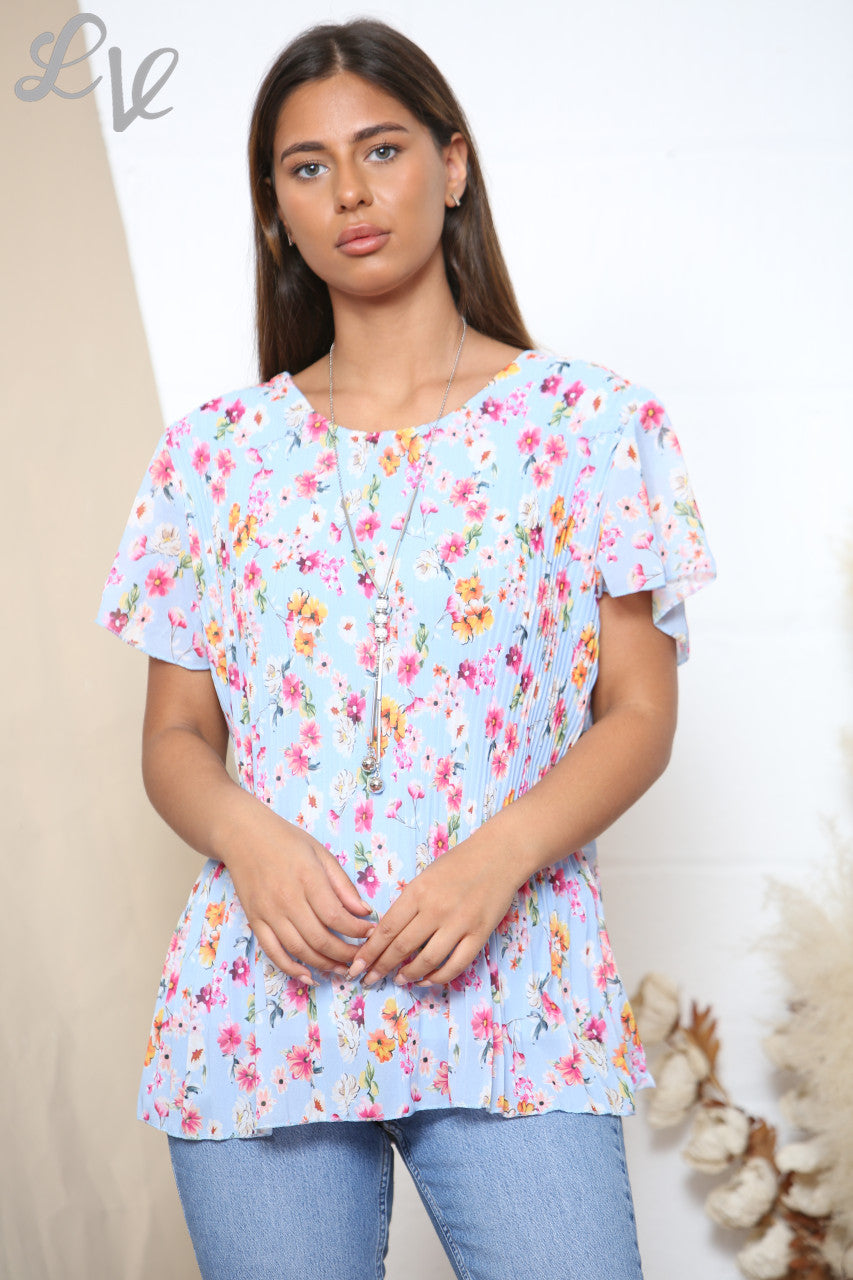 Dames Blouse met Korte Mouwen, Bloemenprint en Plooitjes Lichtblauw