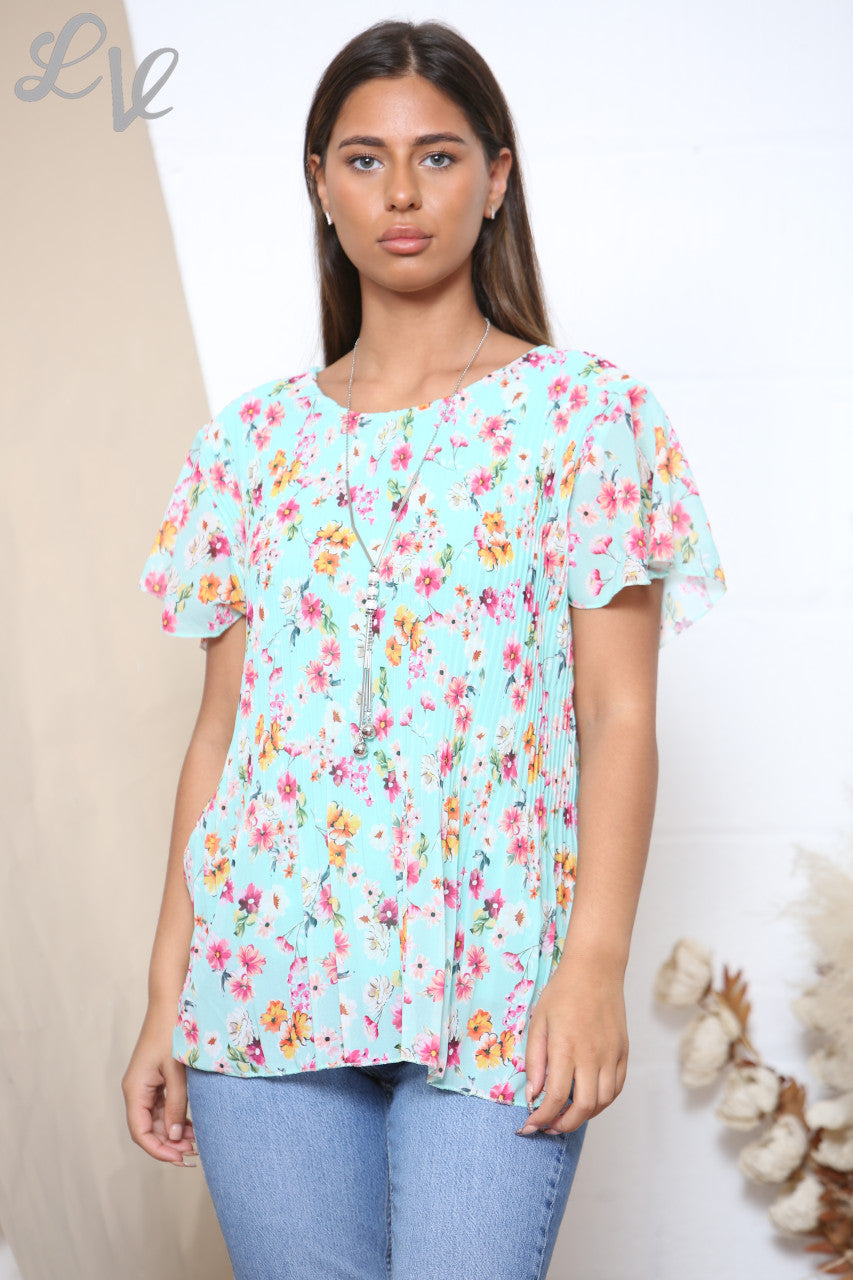 Ladies Short Sleeve Ditsy Floral Print Pleated Blouse Top Turquoise