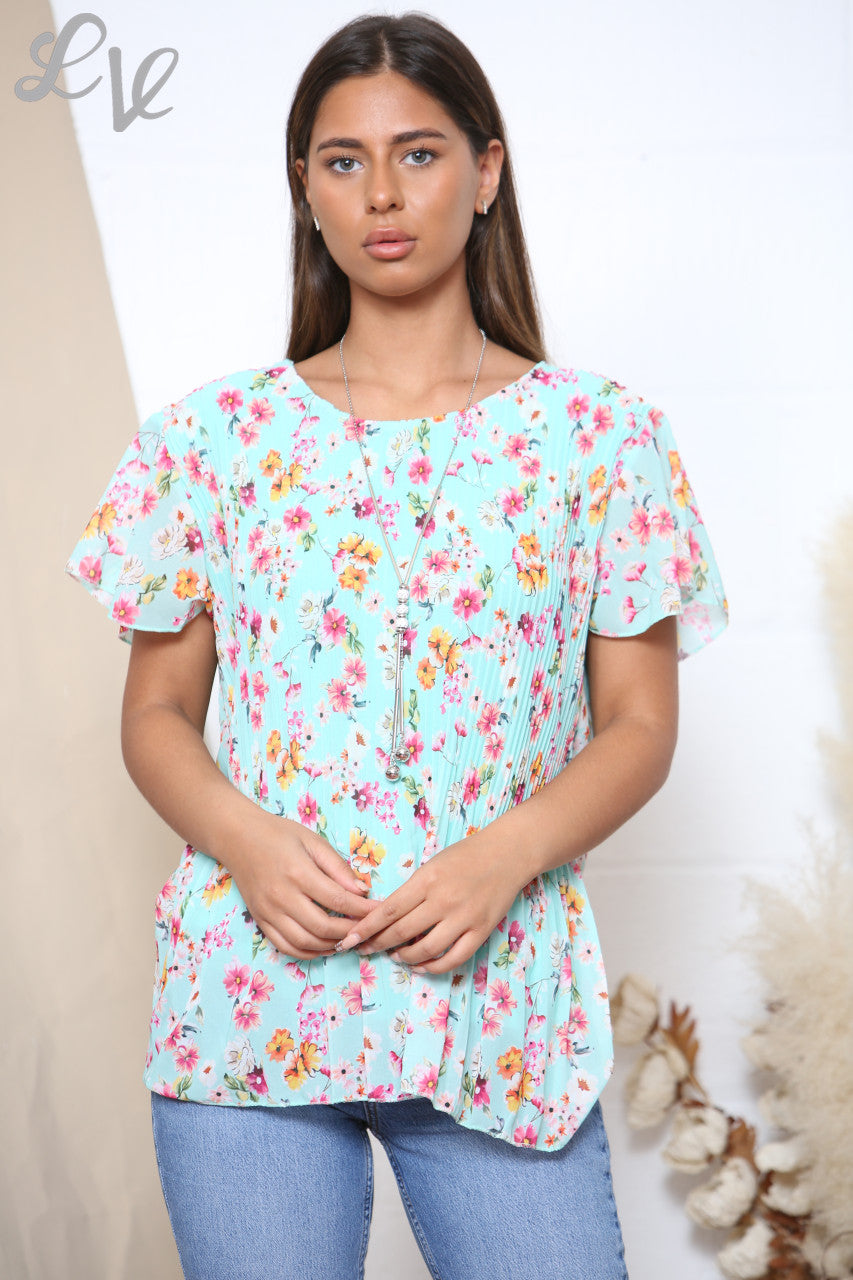 Ladies Short Sleeve Ditsy Floral Print Pleated Blouse Top Turquoise