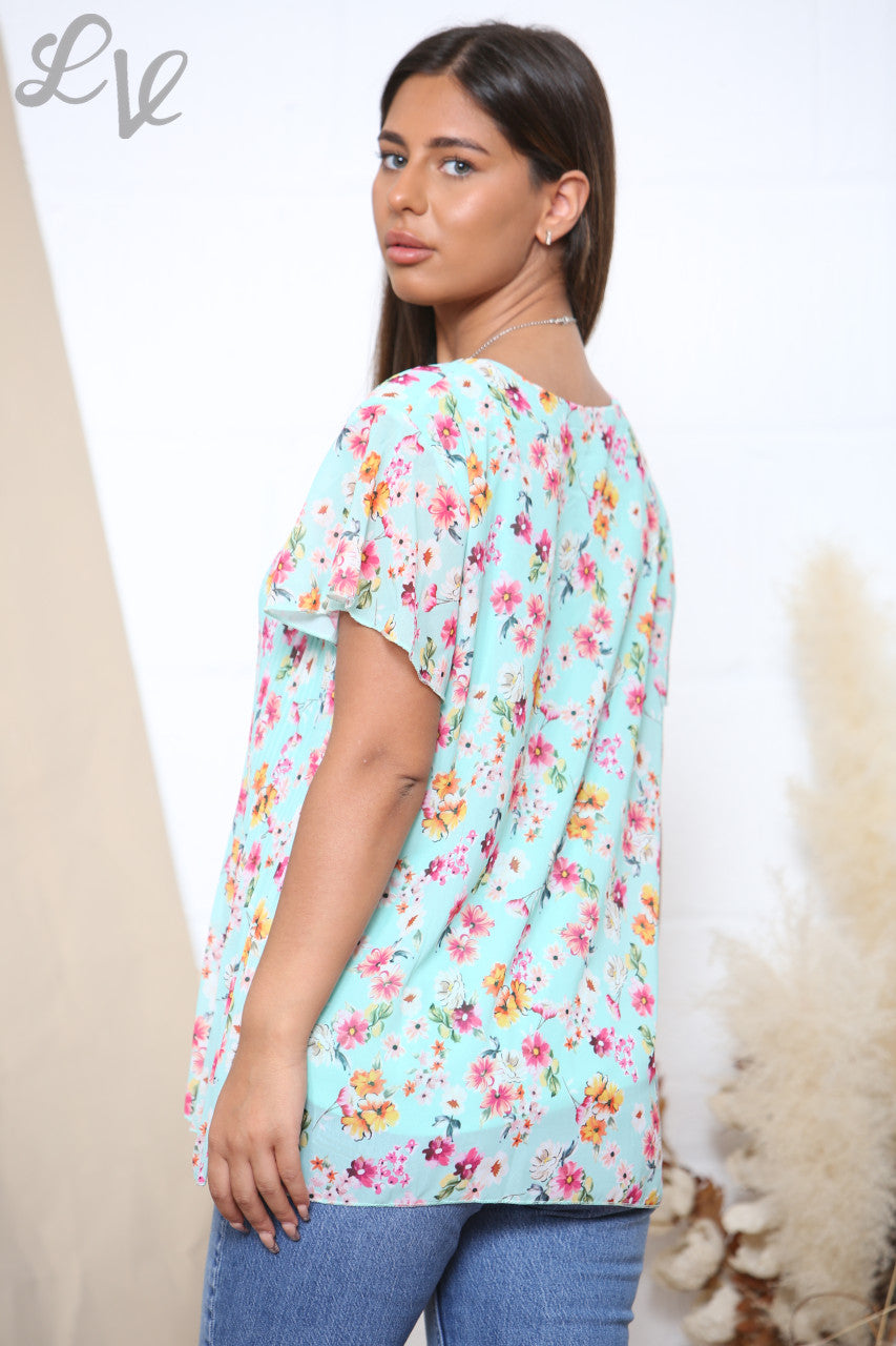 Ladies Short Sleeve Ditsy Floral Print Pleated Blouse Top Turquoise