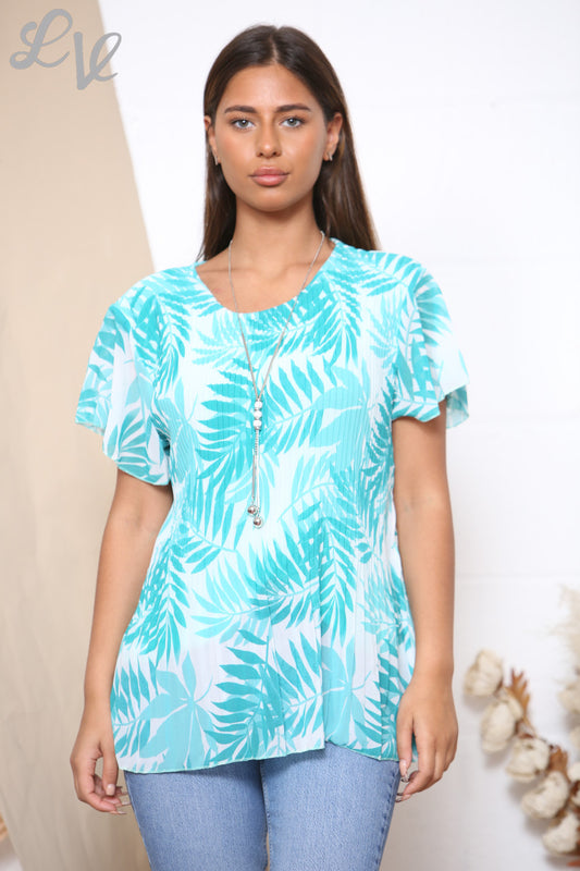 Ladies Short Sleeve Leaf Print Pleated Blouse Top Turquoise