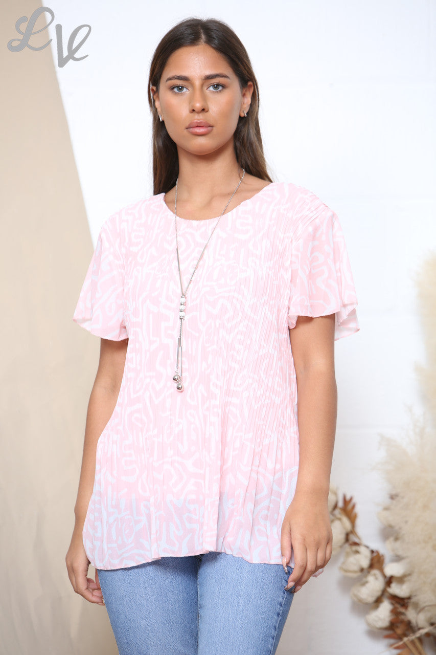 Ladies Short Sleeve Scribble Print Pleated Blouse Top Dusty Pink