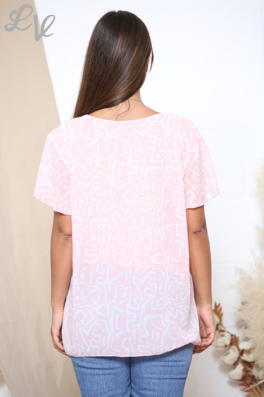 Ladies Short Sleeve Scribble Print Pleated Blouse Top Dusty Pink