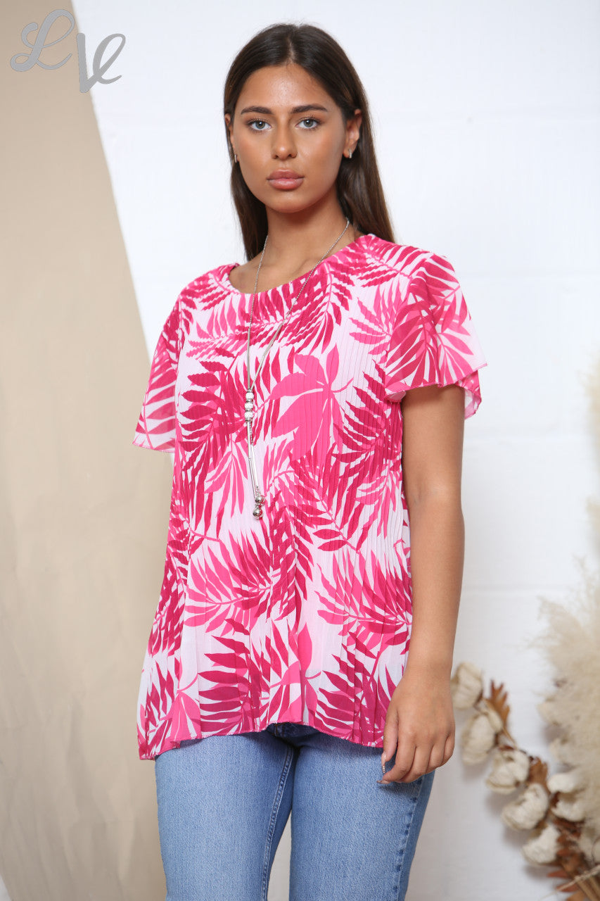 Ladies Short Sleeve Leaf Print Pleated Blouse Top Cerise
