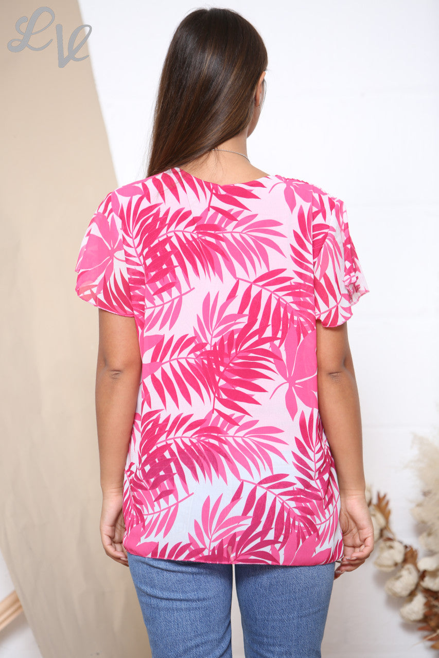 Ladies Short Sleeve Leaf Print Pleated Blouse Top Cerise