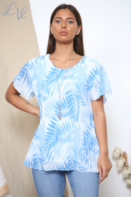Ladies Short Sleeve Leaf Print Pleated Blouse Top Blue