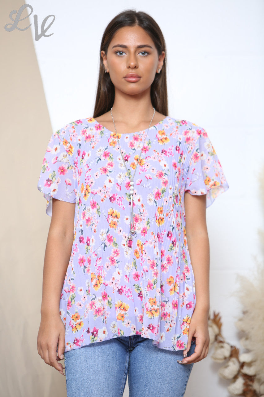 Ladies Short Sleeve Ditsy Floral Print Pleated Blouse Top Lilac