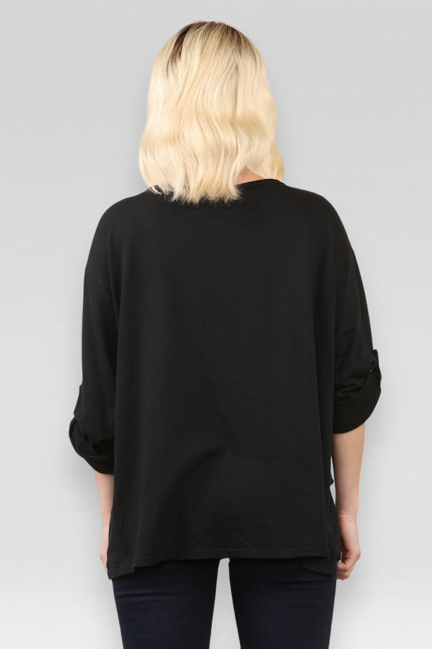 ZWARTE SWEATSHIRT TOP MET ZAK EN NAAIDETAILS