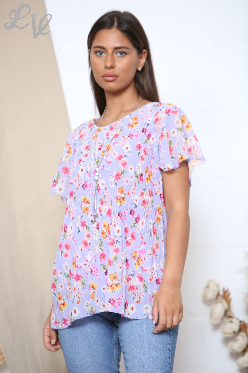 Ladies Short Sleeve Ditsy Floral Print Pleated Blouse Top Lilac