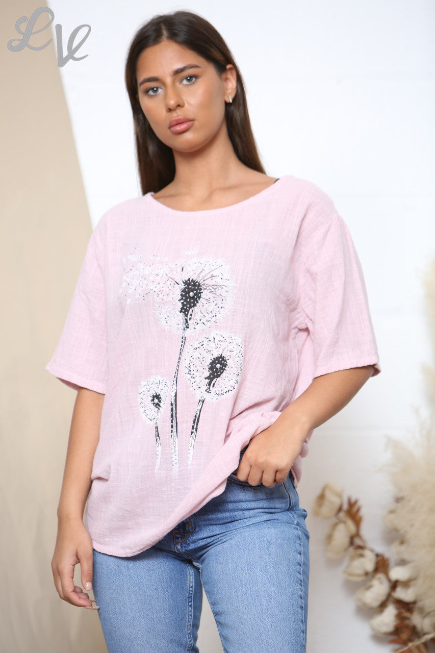 Ladies Dandelion Flower Top Dusty Pink