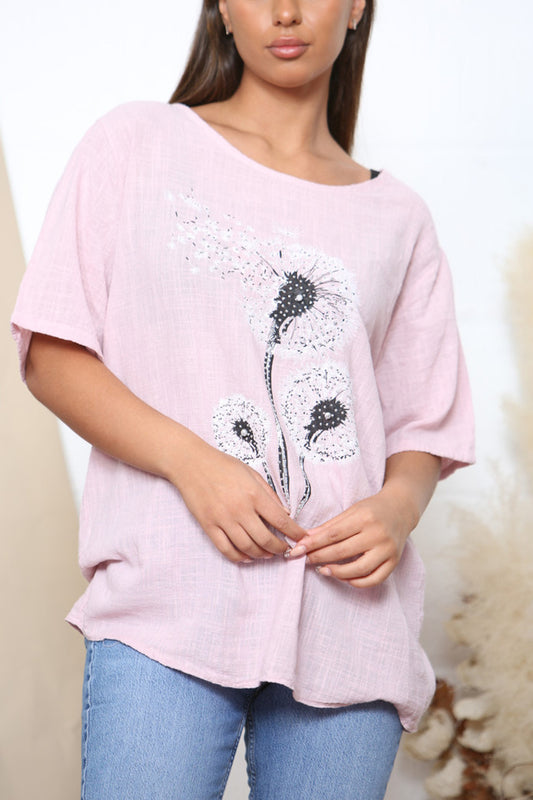Ladies Dandelion Flower Top Dusty Pink