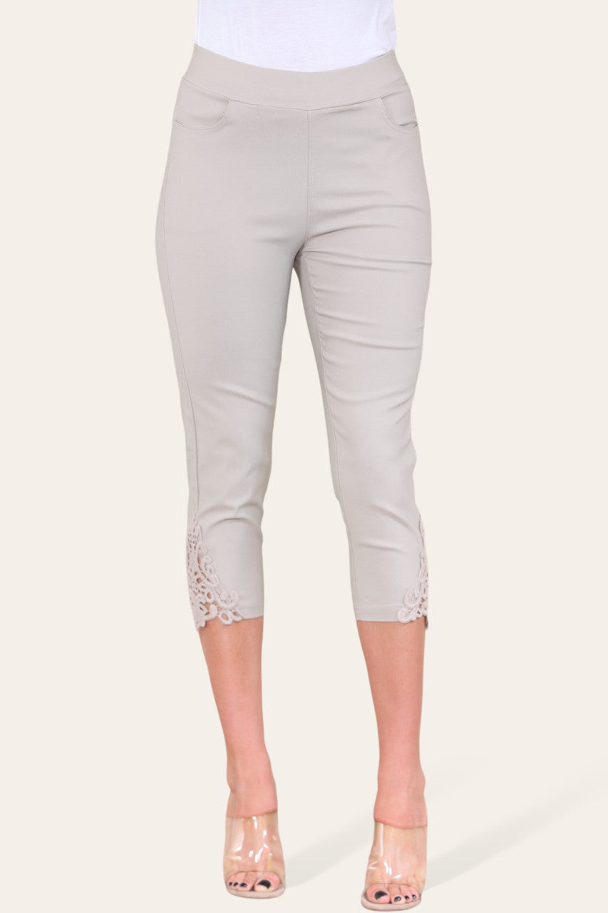 STRETCH LACE HEM CAPRI TROUSER LEGGINGS - STONE