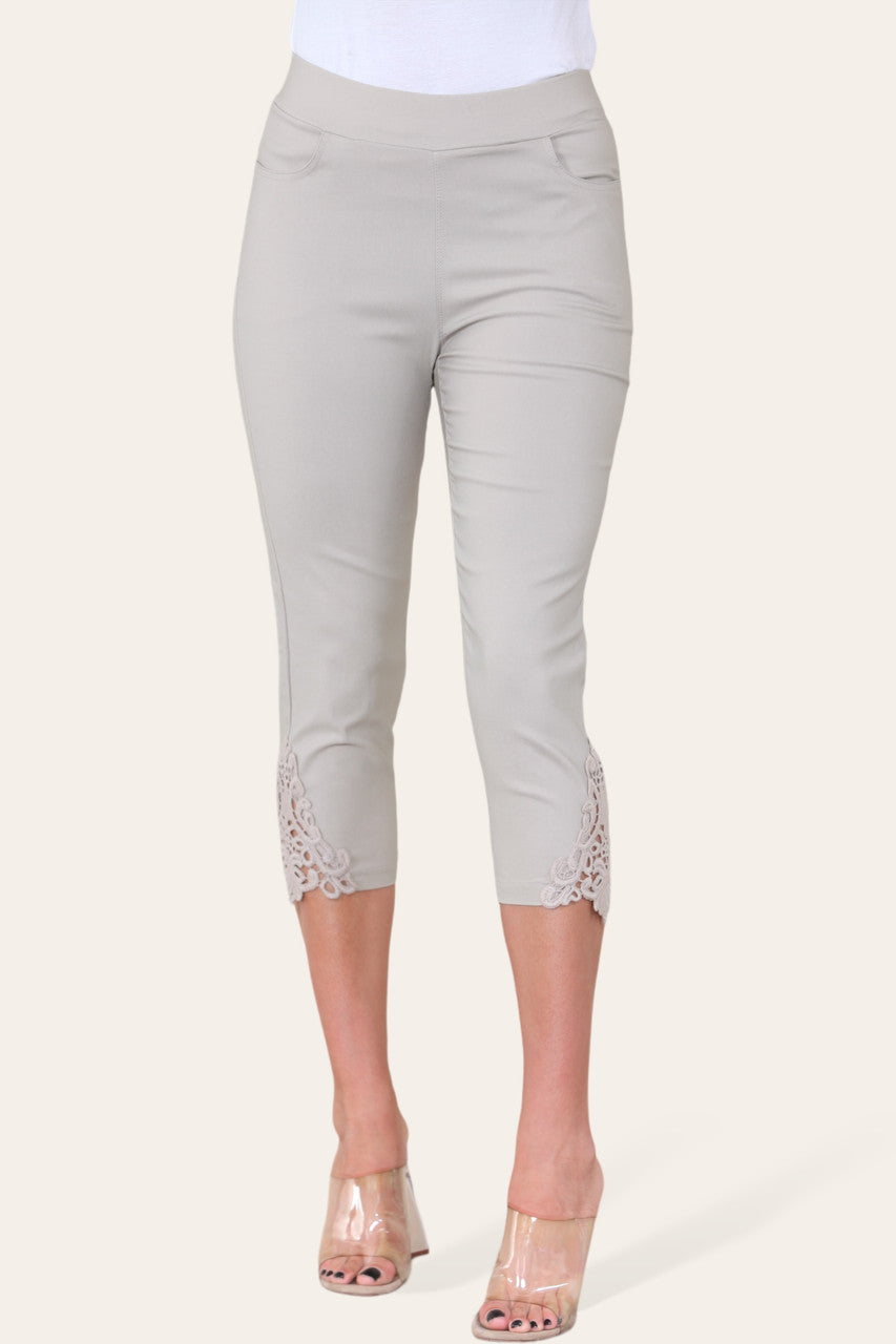 STRETCH LACE HEM CAPRI TROUSER LEGGINGS - STONE