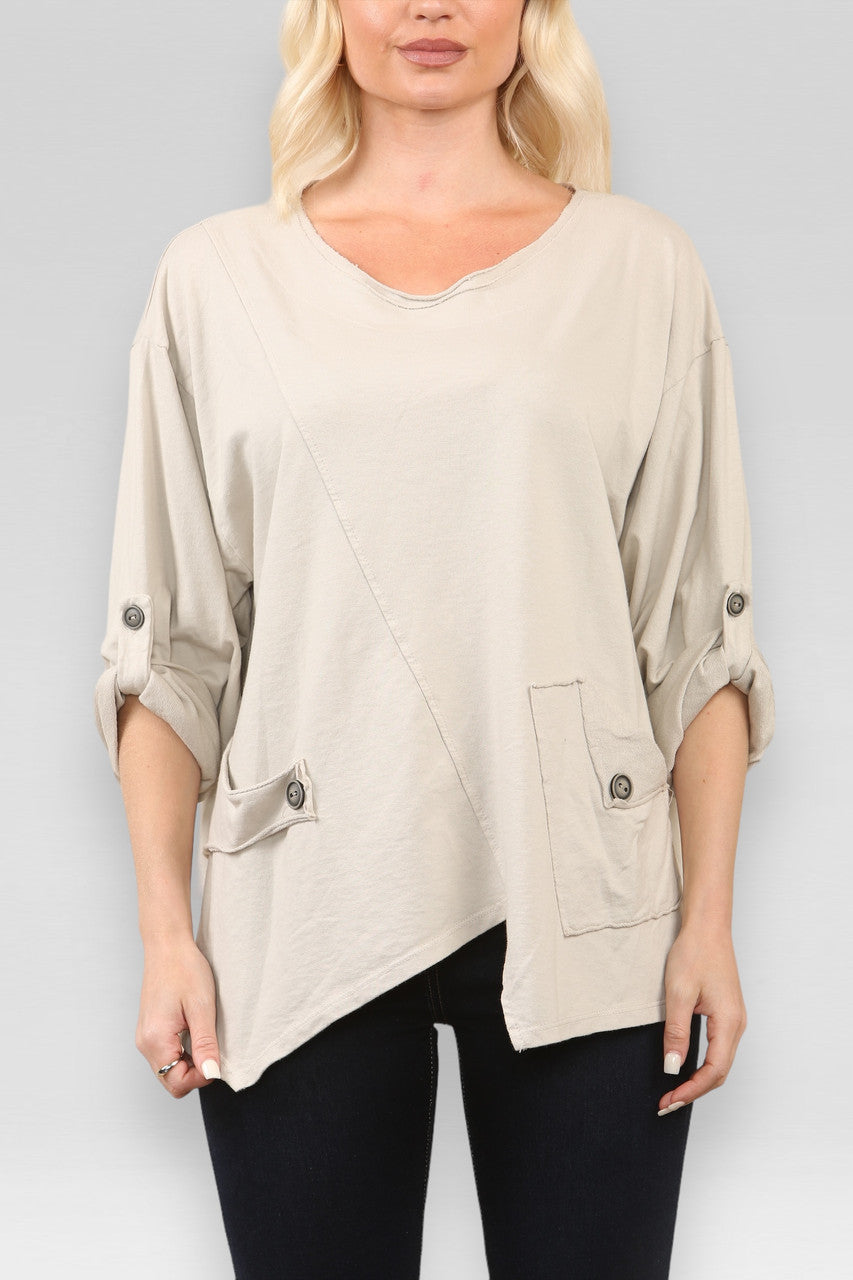 SWEATSHIRT TOP MET ZAK EN NAAD DETAIL STEENKLEURIG