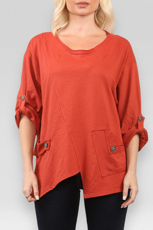POCKET & SEAM DETAIL SWEATSHIRT TOP RUST
