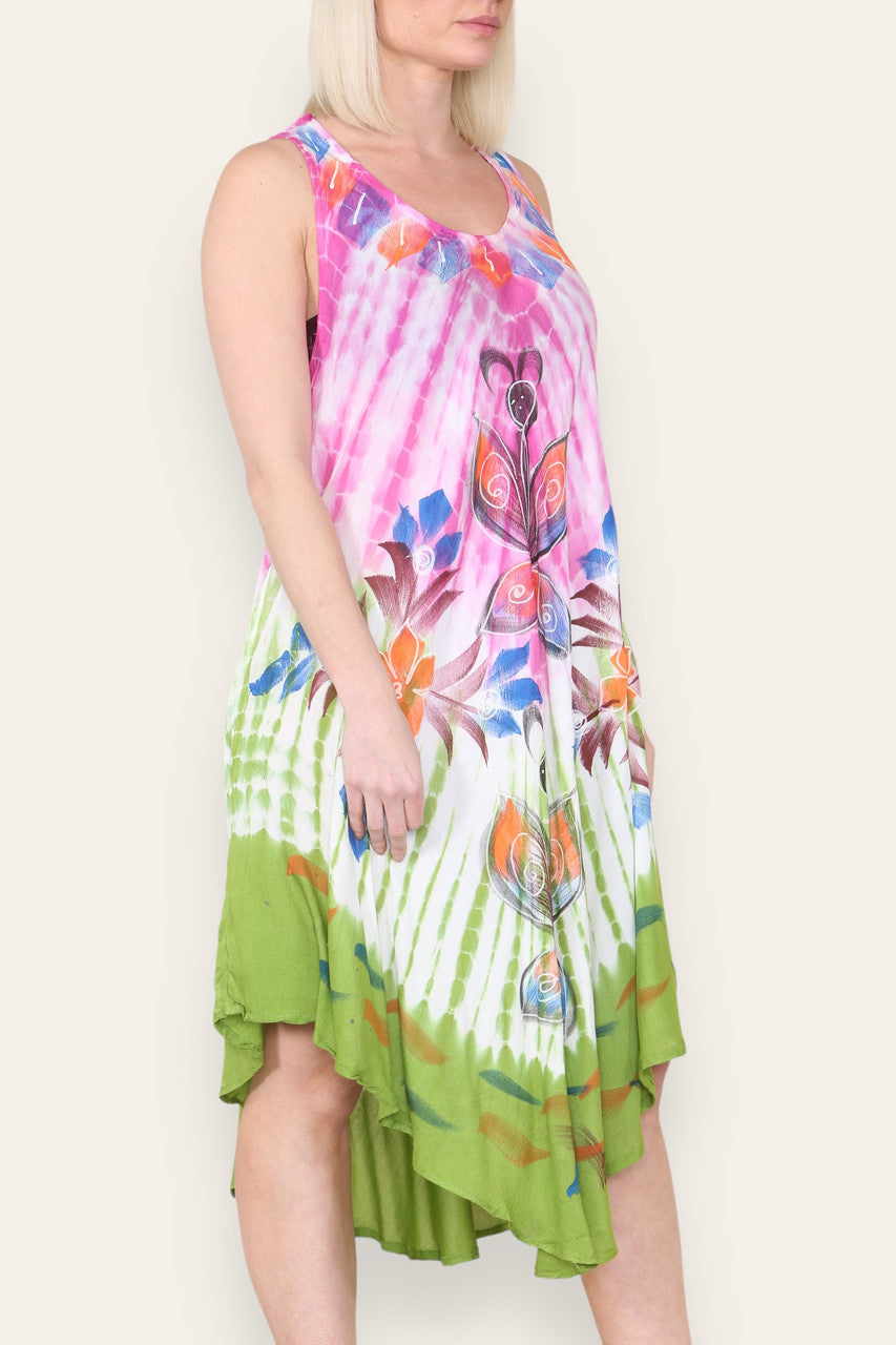 BUTTERFLY FLORAL PRINT SLEEVELESS UMBRELLA DRESS CERISE