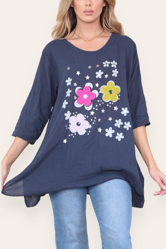 FLORAL STAMP PATCHWORK PRINT TOP NAVY