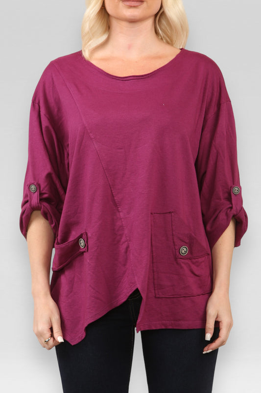 POCKET & SEAM DETAIL SWEATSHIRT TOP MAGENTA