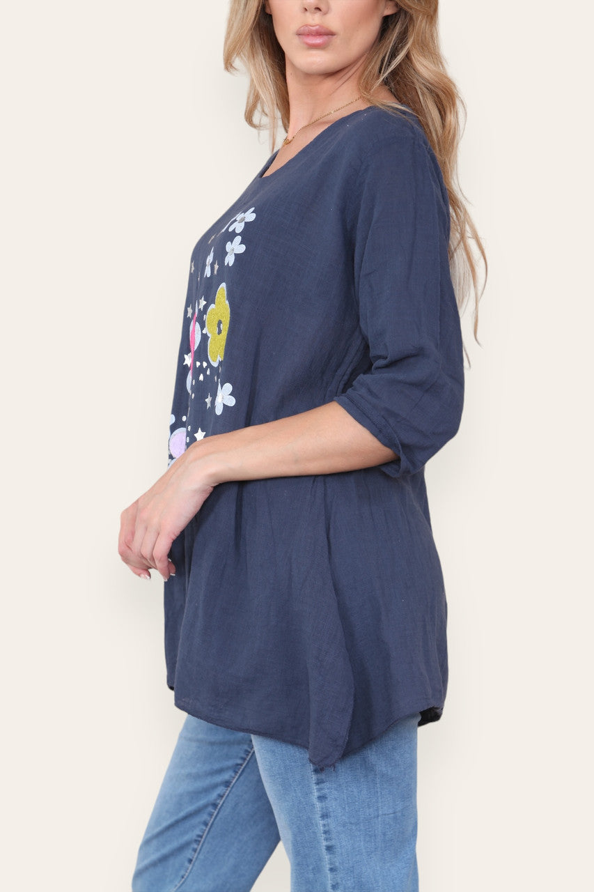 FLORAL STAMP PATCHWORK PRINT TOP NAVY